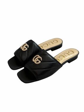 Gucci Black Quilted Slide Sandals with Gold Double G